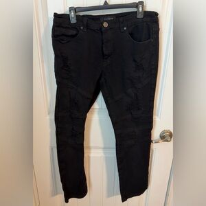 PLATFORM SKINNY RIPPED BIKER JET BLACK MEN’S JEANS SIZE 36x32